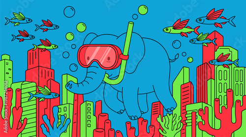 Scuba Diving Elephant In Underwater Coral City Pop Surrealism Flat Illustration With Bold Outlines