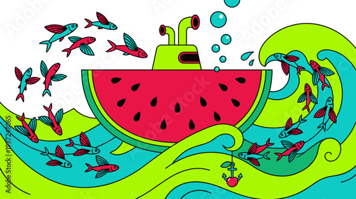 Watermelon Submarine with Flying Fish Sea Scene Pop Surrealism Flat Illustration with Bold Outlines