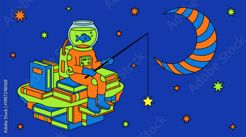 Astronaut With Goldfish Bowl Helmet On Floating Book Island Pop Surrealism Flat Illustration