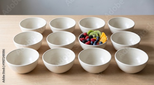 Minimal bowls arrangement with one filled fruit bowl concept
