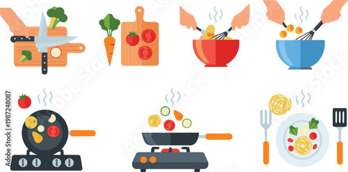 Various cooking actions and food preparation scenes with multiple pots and plates