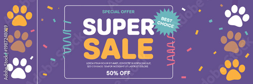 Purple super sale special offer advertisement with paw prints and confetti