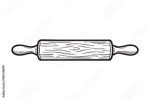 Wooden rolling pin for dough preparation, clean outline of classic handled roller on neutral background, ideal for kneading, flattening pastry, cookie and bread dough in home kitchen or bakery