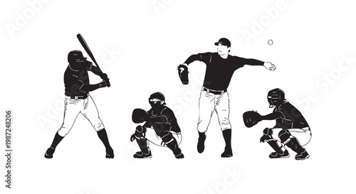 Baseball players in action game, batter, pitcher, catcher, umpire, equipment, bat, ball, sport, illustration, vector.