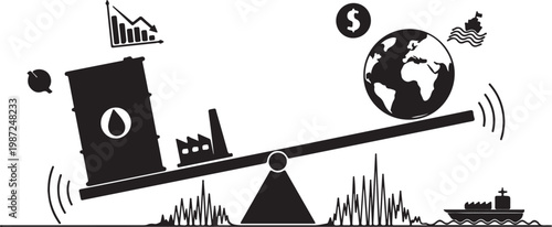 Concerned man running with shopping cart carrying leaking oil barrel representing global energy crisis and rising fuel prices.