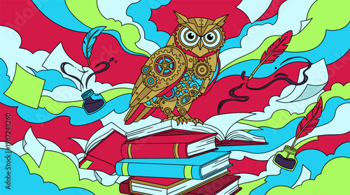 Mechanical Owl Perched On Floating Books In A Surreal Library Pop Surrealism Flat Illustration With Bold Black Outlines