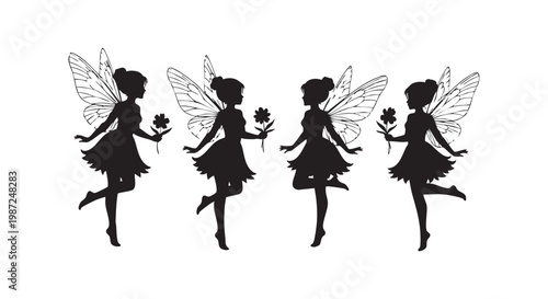 Beautiful garden fairy silhouettes with butterfly wings and flowers for magical fantasy theme designs and enchanted scenes.