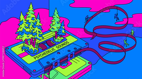 Retro Cassette Tape Forest With Tiny Mountain Explorers, Pop Surrealism Flat Illustration With Bold Outlines
