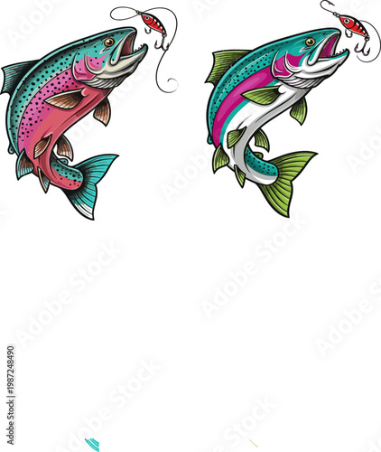 Fishing Trout Set Featuring Fish with Lures for Fishing, Aquatic, and Wildlife Illustration Designs