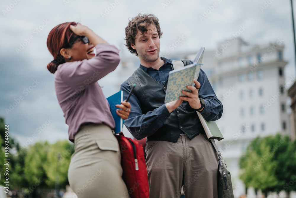 Fototapeta premium Two business colleagues laugh and review a notebook while standing on a city street. A casual urban meeting between coworkers as they share notes and ideas.