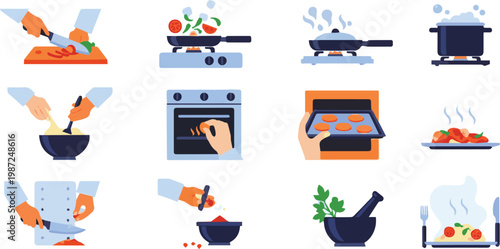 The chef prepares food in a kitchen with various cooking utensils and ingredients on the countertops daily.