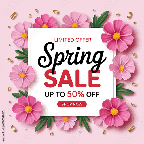Spring sale limited offer up to fifty percent off shopping promotion with pink flowers