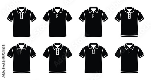 Polo shirt icons set with different collar styles and button placket designs for corporate uniform