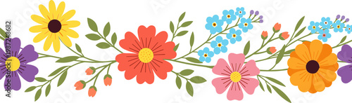 Floral Border Design with Colorful Flowers and Leaves for Spring, Garden, and Nature-Themed Graphics