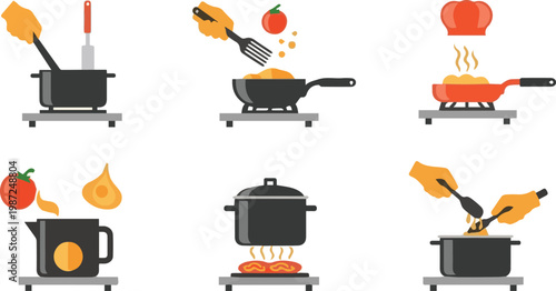 A chef cooks various dishes with utensils in a kitchen setting with food