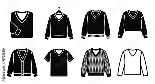 Set of black and white sweaters with v-neck in various styles on transparent background