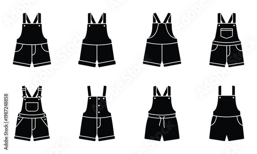 Set of black denim overalls and shortalls icons for fashion design