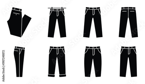 Set of black casual pants and jeans in various styles including folded and hanging views