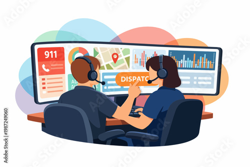 Emergency Service 911 Dispatchers Working at Control Center