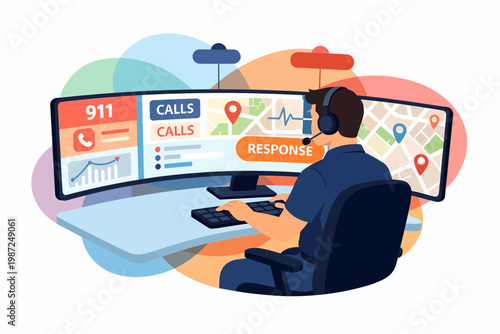 Emergency 911 Dispatcher Working in Control Center