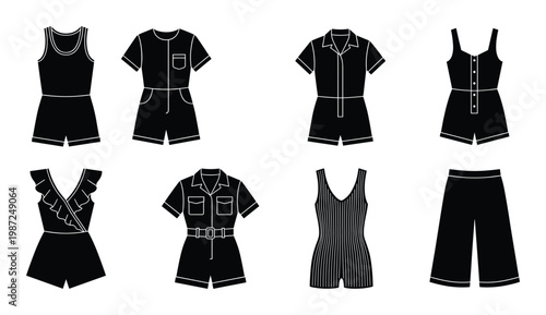 Set of black rompers and jumpsuits silhouette isolated on transparent background