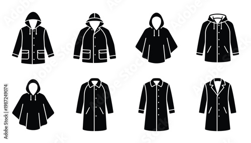 Set of black raincoat icons on transparent background for weather protection illustrations