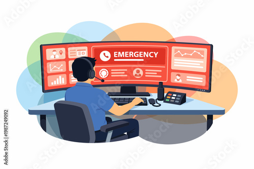 Emergency Service Dispatcher Monitoring Red Alert on Control Screen