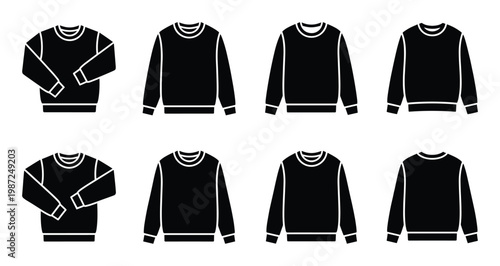 Set of black silhouettes of crew neck sweaters with white outlines on transparent background