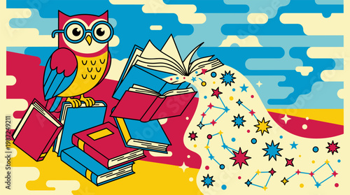 Wise Owl with Spectacles Perched on Levitating Books and Star Waterfall, Pop Surrealism Flat Illustration with Bold Outlines