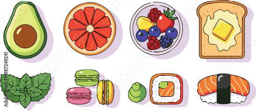 A vibrant illustration of various fresh foods arranged on a table indoors