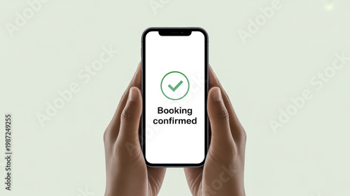 Hands holding smartphone showing booking confirmation screen checkmark