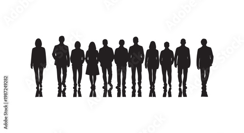 Business people silhouettes standing in row professional team group together front view vector illustration on white bg.