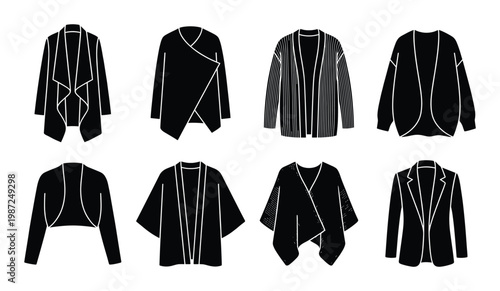 Set of black silhouettes of women's cardigans and jackets on transparent background