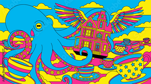 Giant Octopus with Star Suction Cups Holding a Winged Victorian House Pop Surrealism Flat Illustration with Bold Outlines