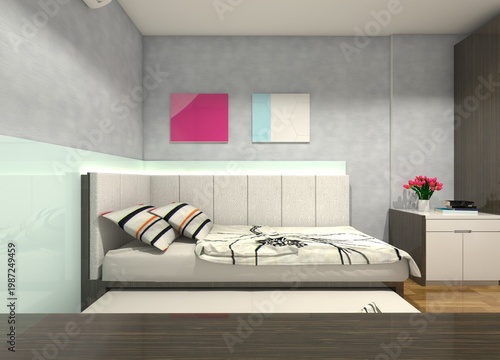 Minimalist kids' bedroom interior with a dual-sided L-shape padded headboard and a space-saving trundle bed.