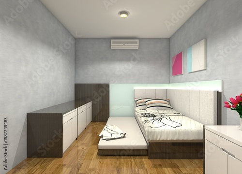 Modern minimalist kids' bedroom interior featuring a space-saving trundle bed design with wood grain finishes and blue glasstone accents.