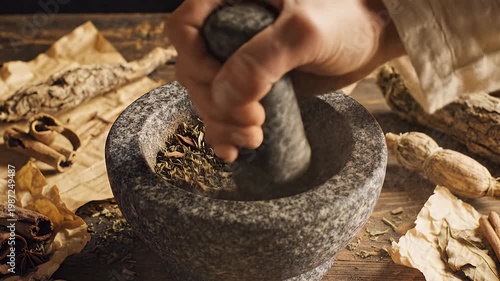 Close-up of Hand Grinding Dried Botanical Ingredients in Ancient Rustic Workshop
