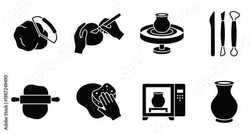 Set of ceramic pottery black silhouettes. creating, molding, and firing ceramic objects vector icons