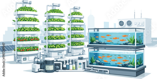Urban aquaponics and vertical farm setup with city skyline