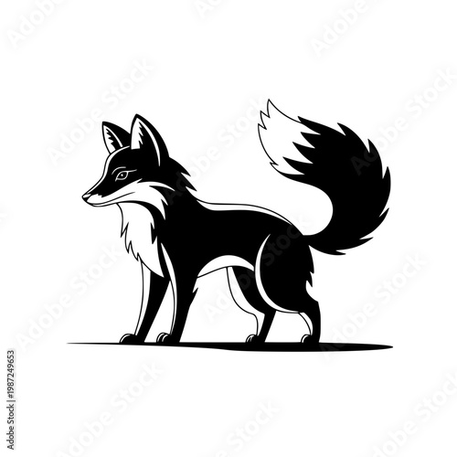 Black and white vector illustration of a fox with a fluffy tail