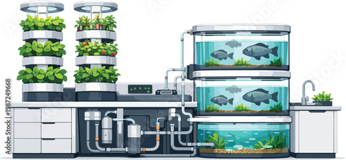 Vertical farm and aquaponics system with fish tanks