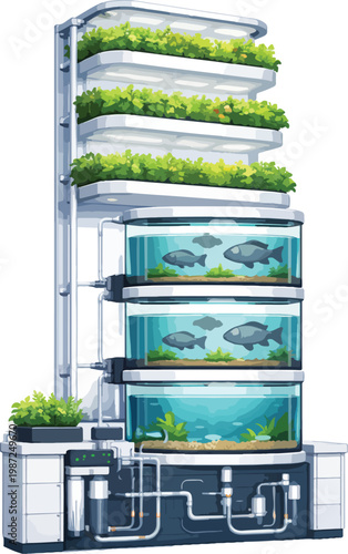 Vertical Aquaponics System with Fish Tanks and Plant Shelves