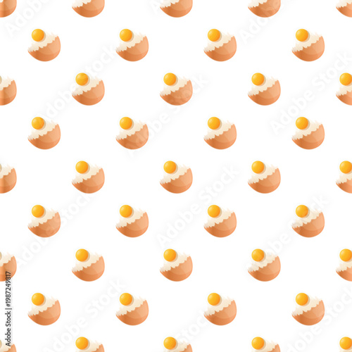 Broken brown eggshells with yolks creating a repeating seamless pattern on a clean white background