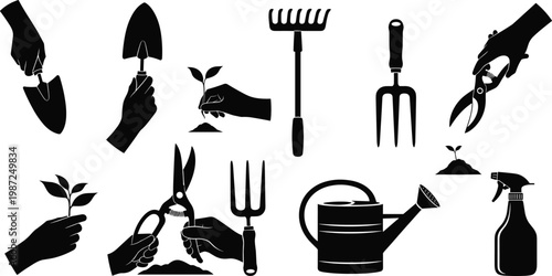 Gardening tools and planting hands silhouette vector illustration set, garden equipment collection with shovel rake watering can for agriculture and hobby