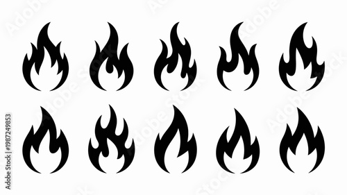 A collection of nine stylized black flame icons are displayed against a stark white background offering versatile design elements high quality professional detailed modern elegant stylish
