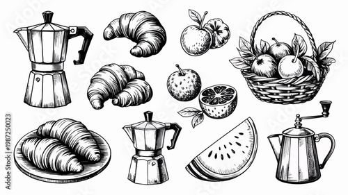 A detailed black and white illustration showcases a collection of breakfast items including croissants apples a watermelon and coffee pots high quality professional modern elegant stylish