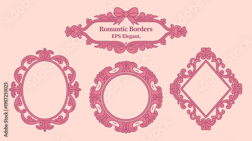 A collection of three ornate pink frames and a banner with a bow ideal for invitations or decorative elements high quality professional detailed modern elegant stylish