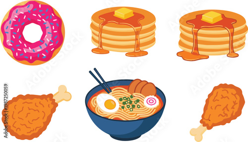 A delicious breakfast spread featuring donuts pancakes fried chicken and ramen noodles