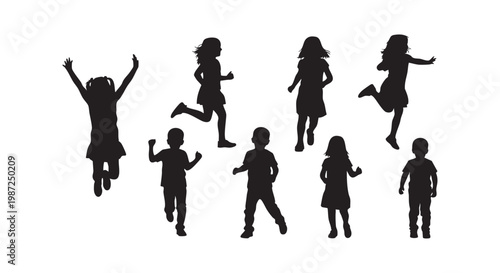 Children silhouette in various poses, kid collection, jumping, running, playing, black on white background.
