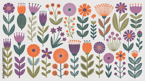 A vibrant collection of stylized flowers and foliage in shades of purple orange and green creates a cheerful botanical illustration high quality professional detailed modern elegant